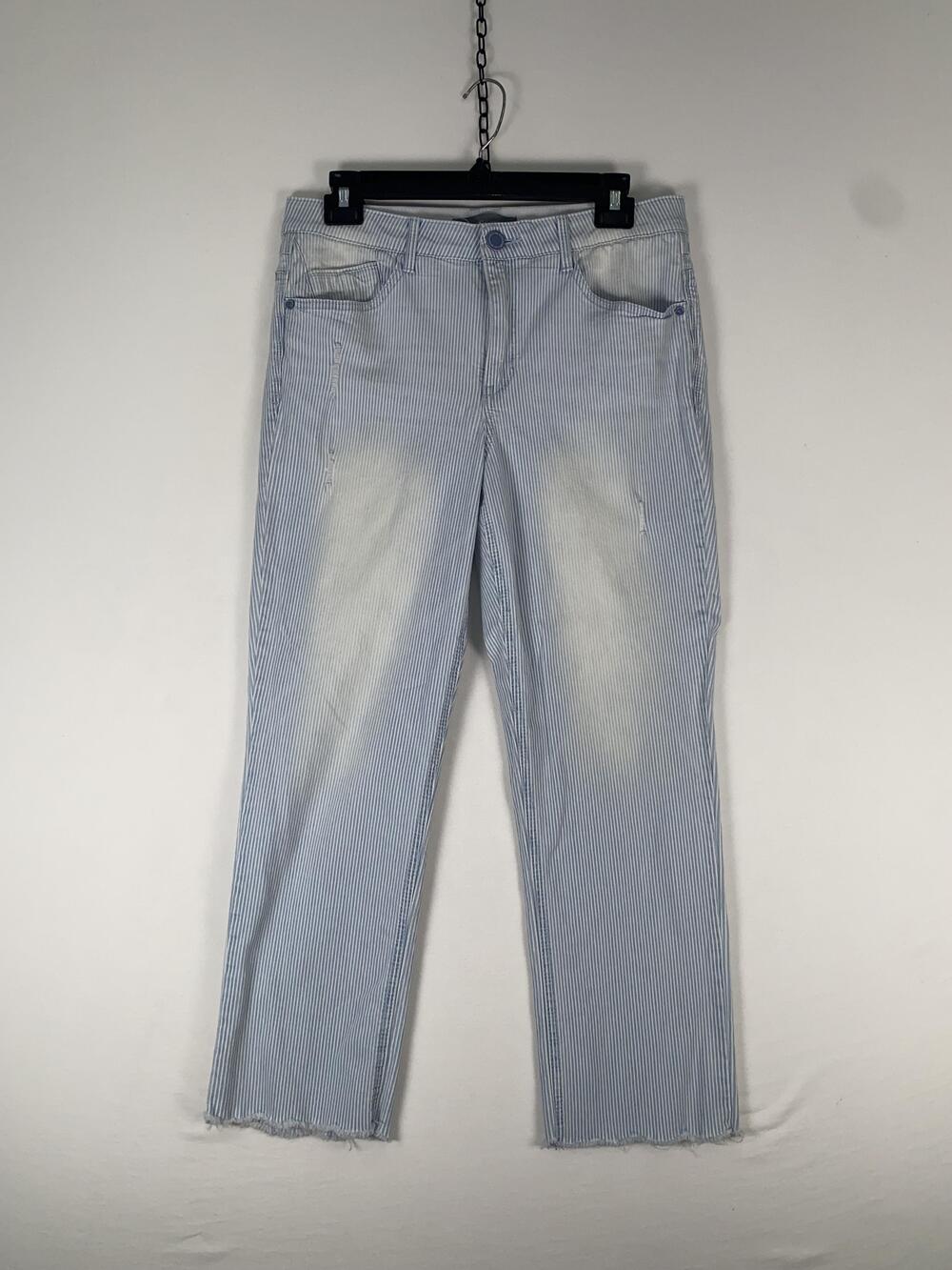 Wit & Wisdom Jeans Womens 10 Blue Striped Crop Straight Raw Fringe Hem Denim